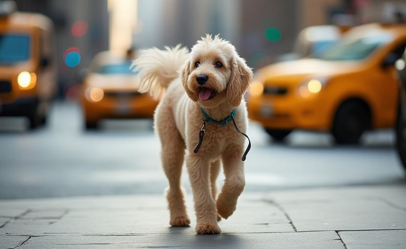 Dog walking on a busy Manhattan sidewalk