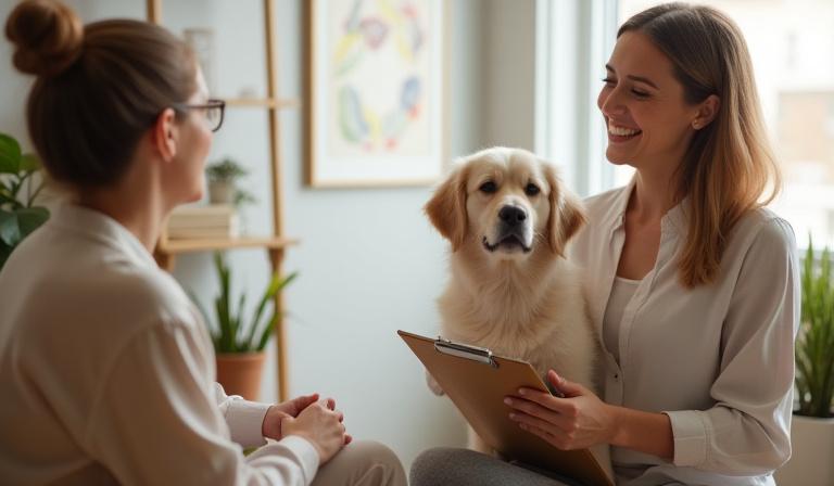 A professional dog trainer shaking hands with a client in a modern NYC pet facility