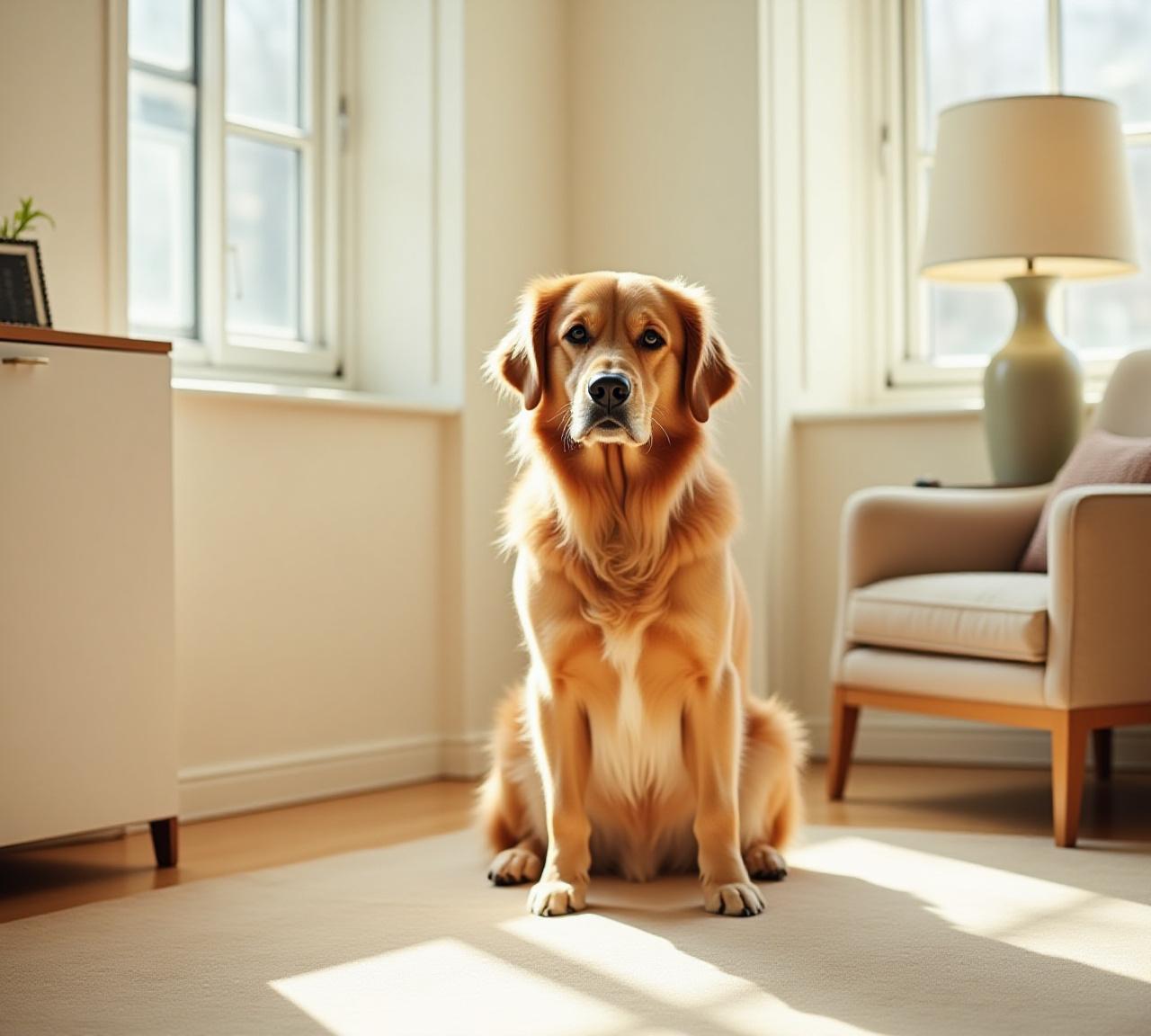 Golden Retriever sitting patiently in a bright New York studio