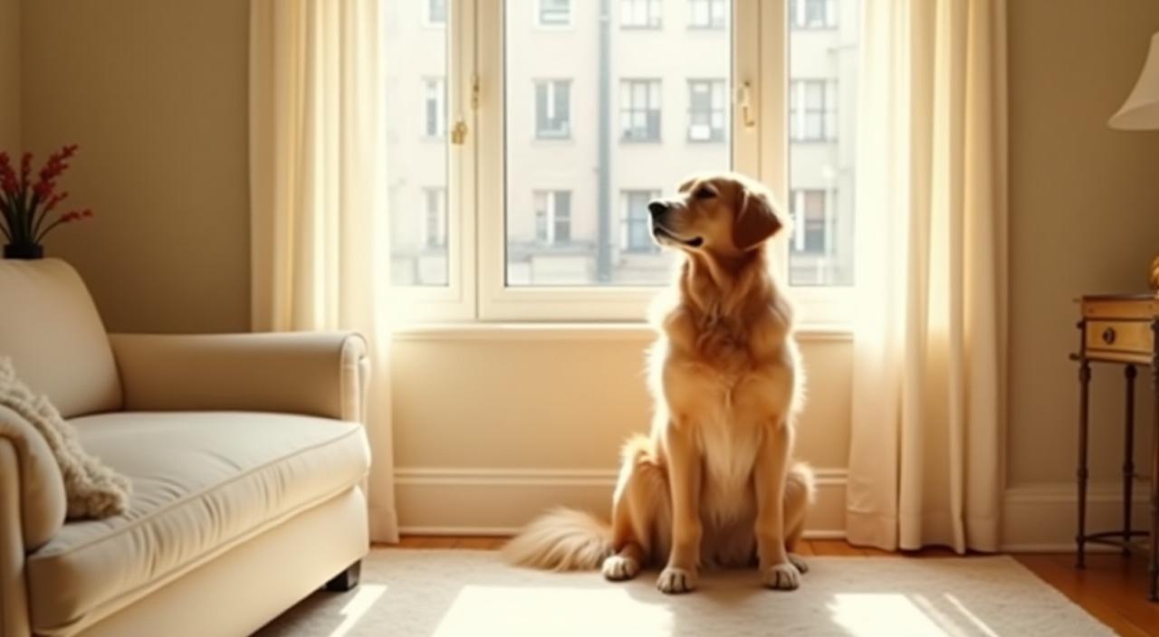 A happy golden retriever sitting gracefully in a New York brownstone window