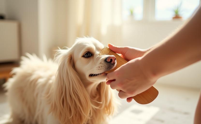 Owner gently brushing a calm dog at home