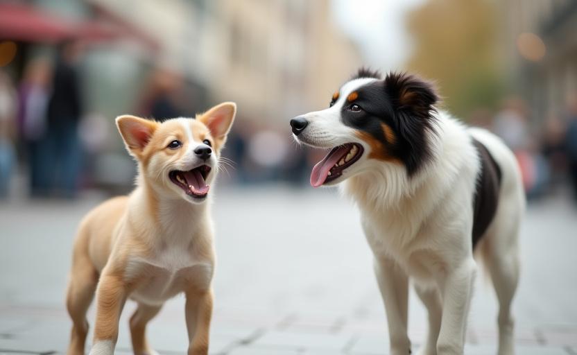 Puppy meeting another dog in an urban square