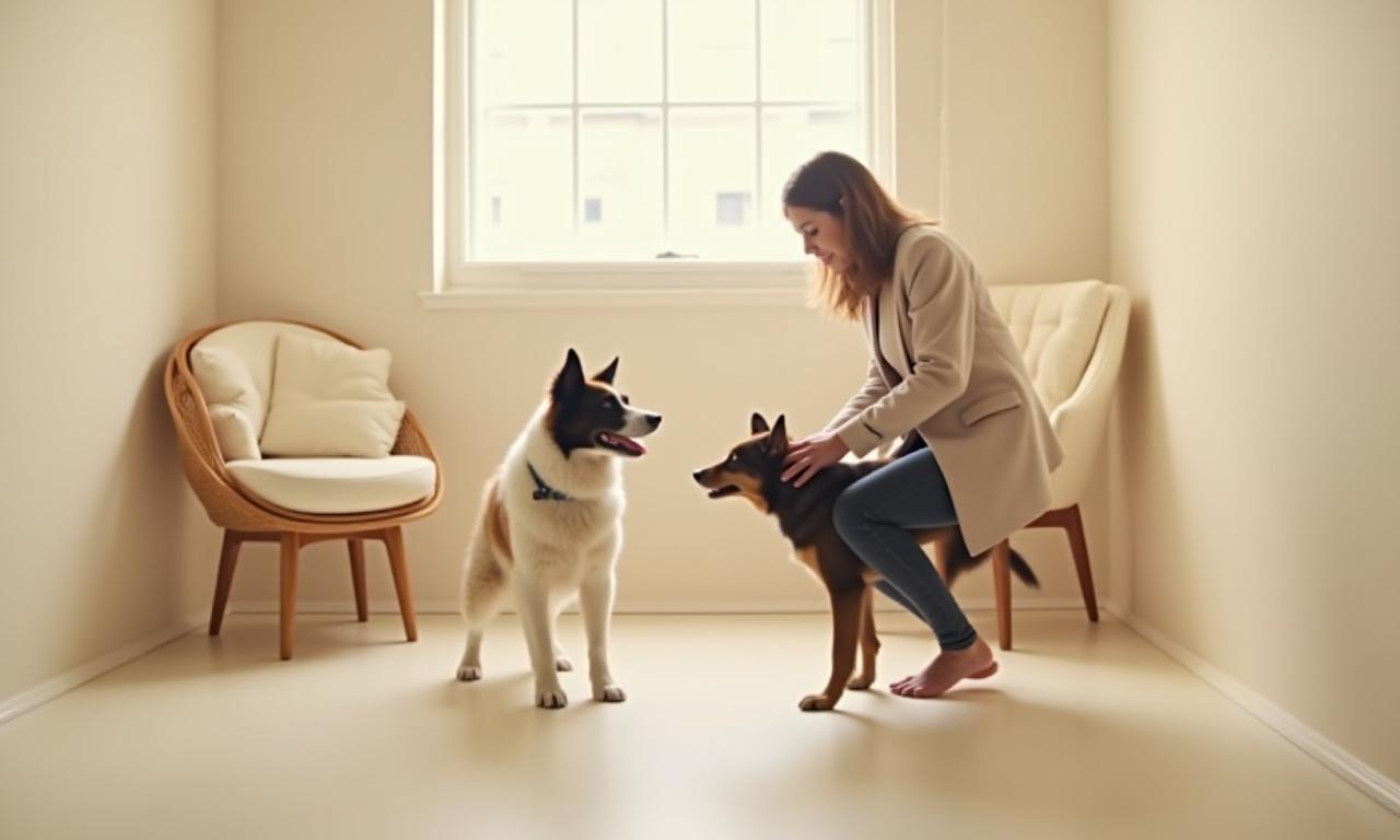 Professional trainer working with a focused dog in a bright New York studio